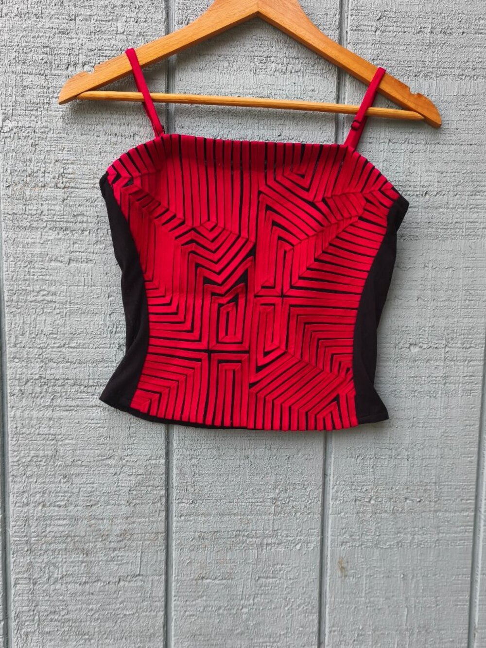 90s Andrea Rosati Geo Textured Mesh Bustier Cami sz 4 Red Black Artsy Goth
